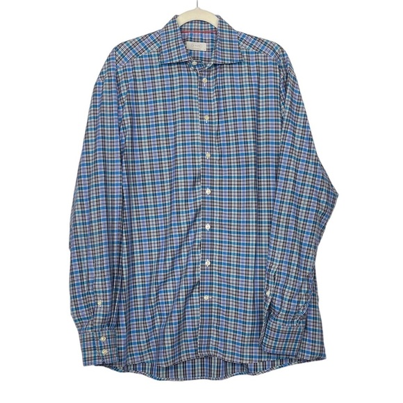 Eton Shirt Mens 43 17 Blue Purple Green Plaid Button‎ Down York 100% Cotton - Picture 1 of 10